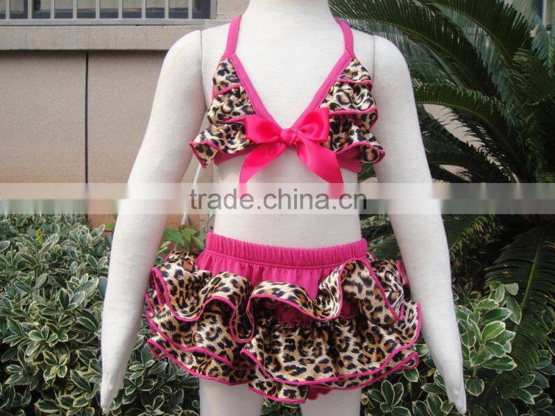 Satin leopard children girls swimwear hot selling satin two piece bikini set for girls