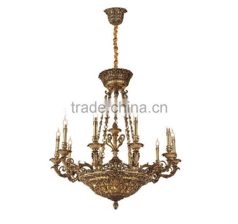 Golden Brass Rococo Style 10 Lights Chandelier/ Retro Gorgeous Bronze Pendant Lamp/ Antique Hotel Ceiling Lamp