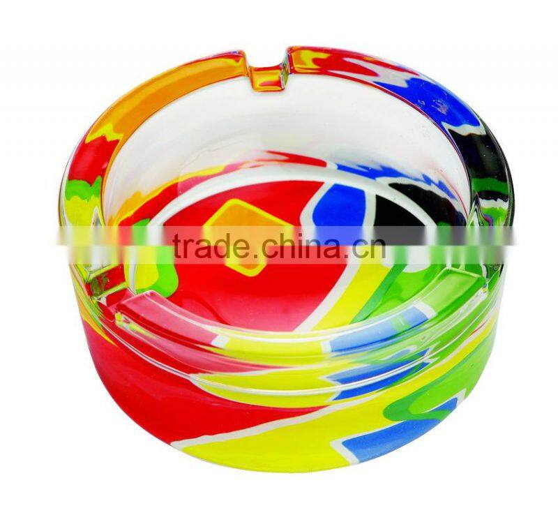 High quality glass ashtray with decal on bottom,round glass ashtray, pocket ashtray