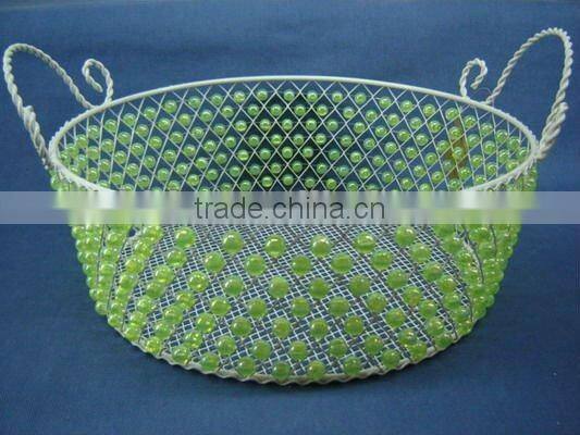Round wire decorative with green pearl fruit handle basket