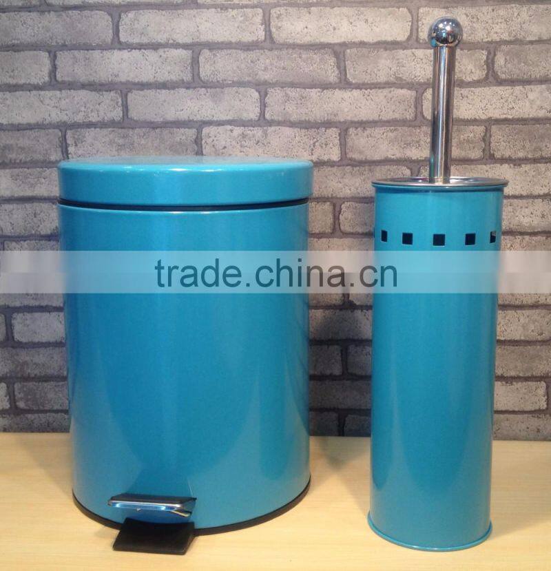 Home Kitchen Metal Pedal Waste Bin Trash Can and Toilet Brush Holder Set