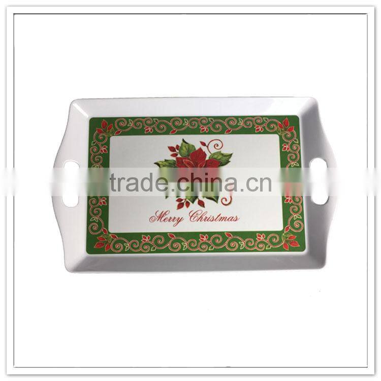 Christmas use flower printing long rectangle plastic packaging tray with handle