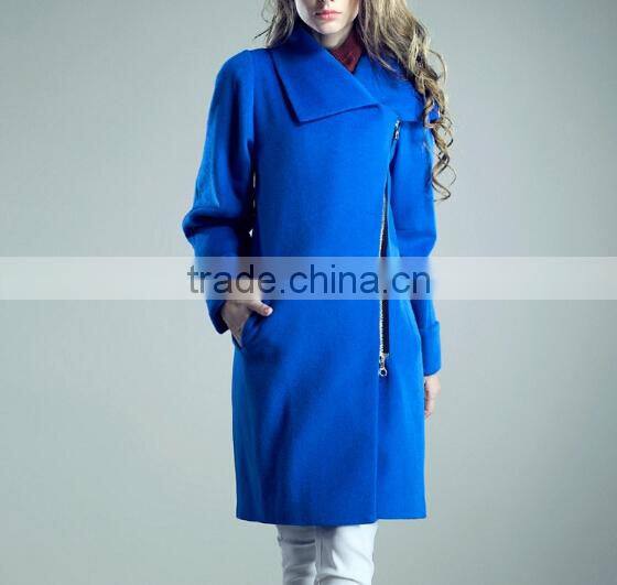 latest ladies quality overcoat blue wool/polyester woman factory wholesale coat