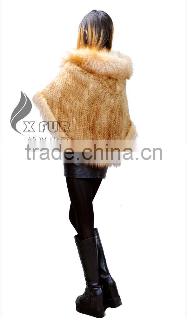 CX-B-M-99A In-stock Item Wholesale Knitted Genuine Fox Fur Trim Mink Fur Shawl Coat
