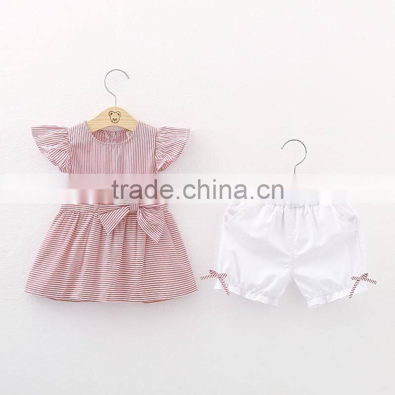 Child 2017 summer new Korean fashion outfit 2pcs set baby flutter sleeve dress white shorts cotton clothing for children