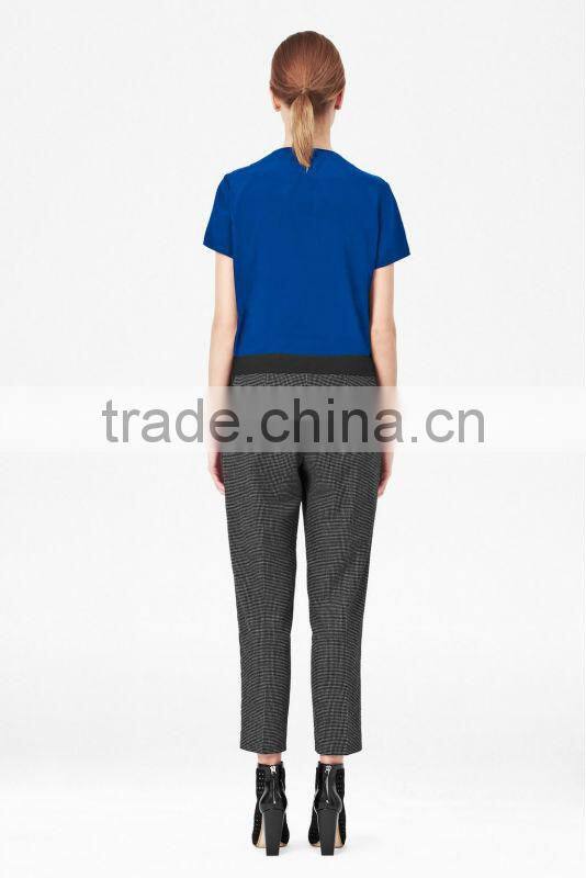 Short Sleeve Silk Blouse Top with Sheer Organza Panel