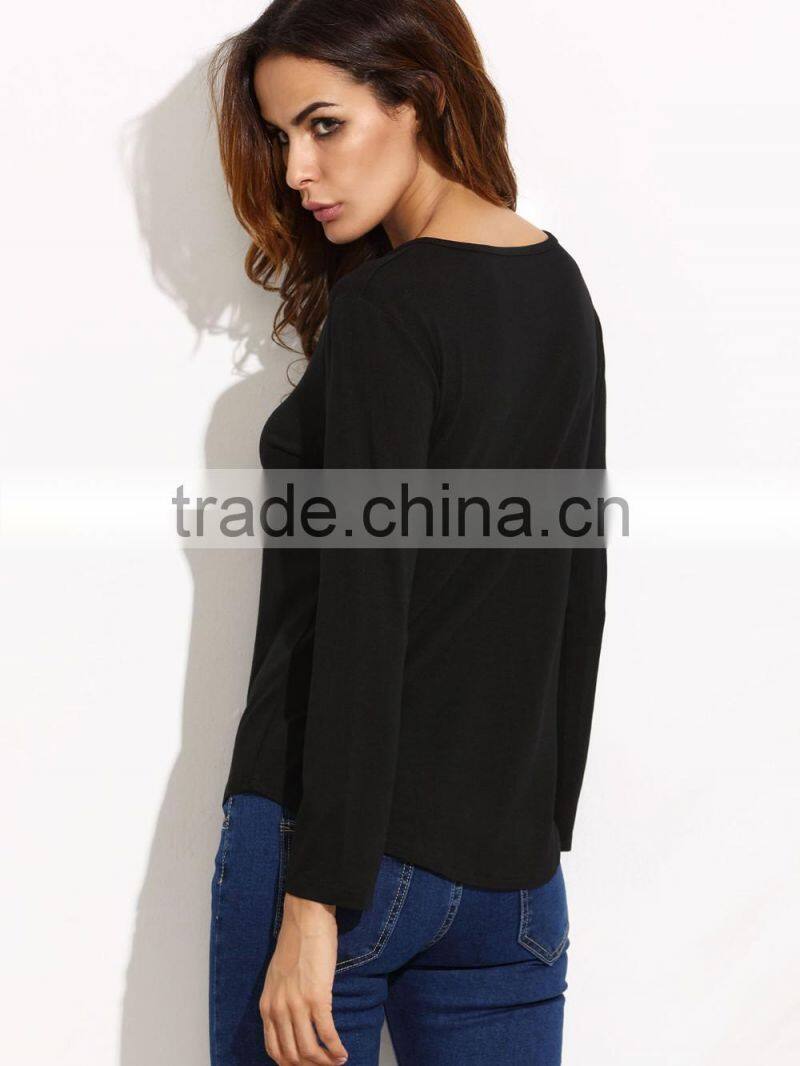 Hot seller V neck rounded hem t shirt fashion lace up women t shirt wholesale China