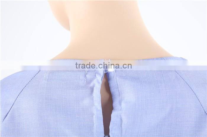 long sleeve blue women blouse patch work designs with bow in front