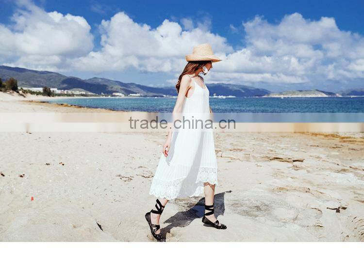 2017 new design high grade white lace stitching beach dress low-neck loose and comfortable sling elegant summer dress for women