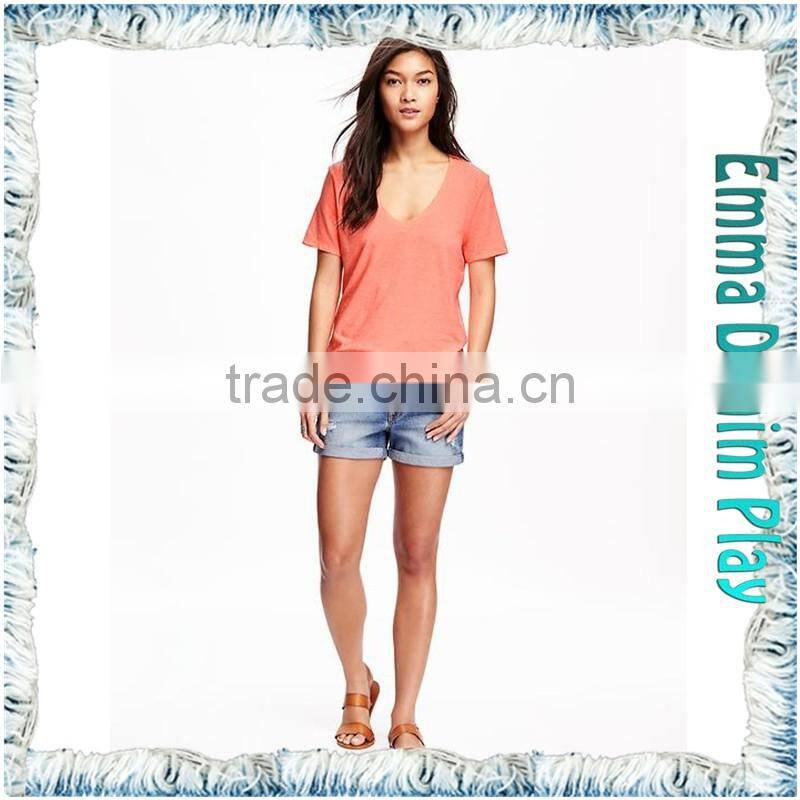 Latest Style Fashion Designs Color Dyed Sexy Girl's Soft Cotton Super Deep V Neck T-Shirts