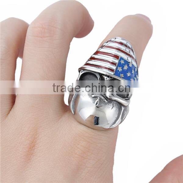 Titanium Steel Unadjustable Rings Antique Silver Multicolor Enamel Skull National Flag