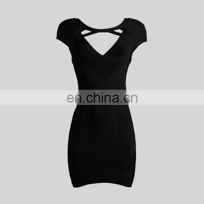 V neck cap sleeve short bandage dresses