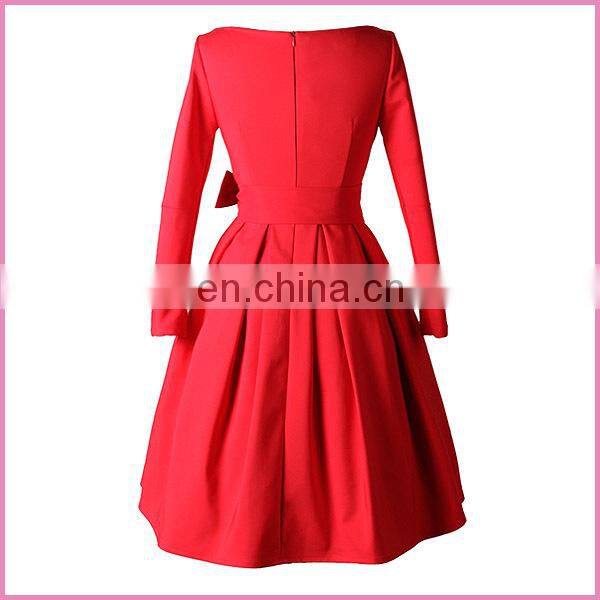 long sleeves boat neck belted side bowknot high waisted evening dress