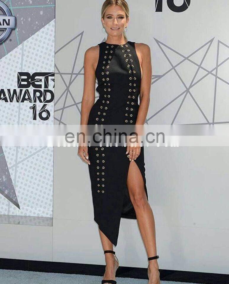 Elegant Women O-neck Sleeveless Asymmetric Hem Black High Sexy Front Split Casual Midi Dress