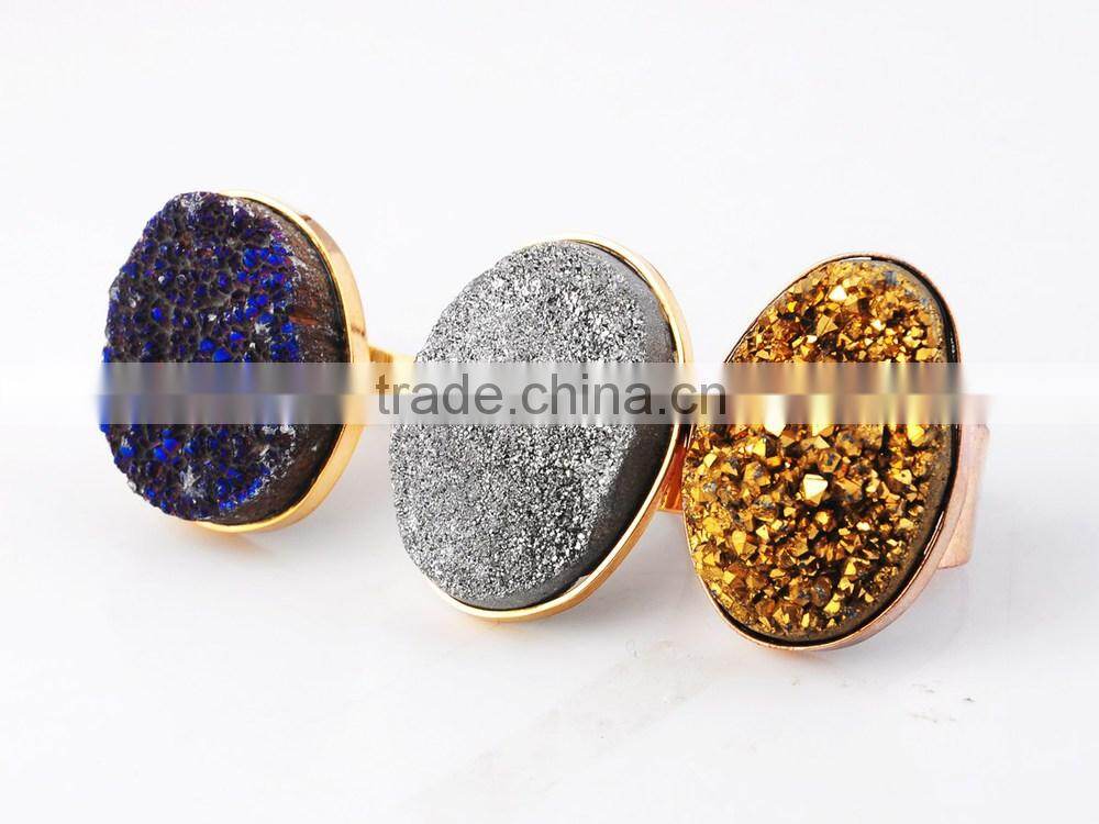 Natural Real Rough Drusy Black Agate Crystal Amethyst Rings Gemstone Ring with adjustable metal women finger jewelry