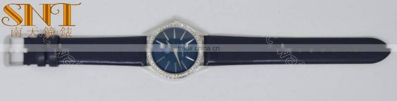 Navy texture dial with stone topring watch, smooth navy leather strap