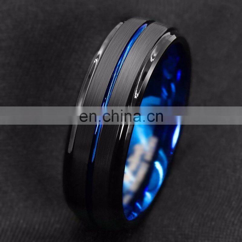 Luxury Titanium Ring For Men Surface Black Blue Groove Inside Blue Face Stainless Steel Ring