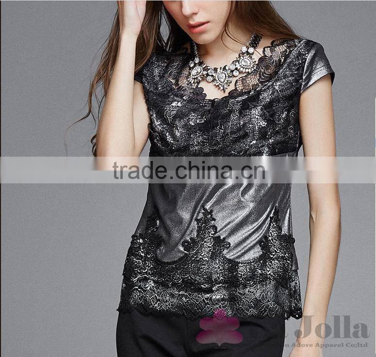 2016 Summer Fashion Ladies Lace macrame Sexy short sleeves T-shirt 136