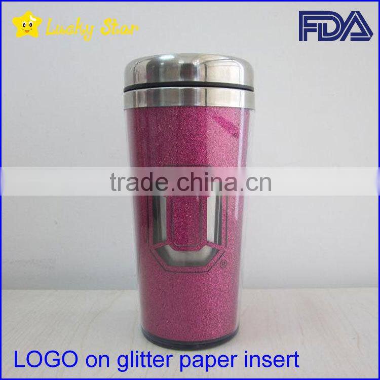 16OZ BPA free Travel car Mugs with paper inserts glitter laser logo FDA standard