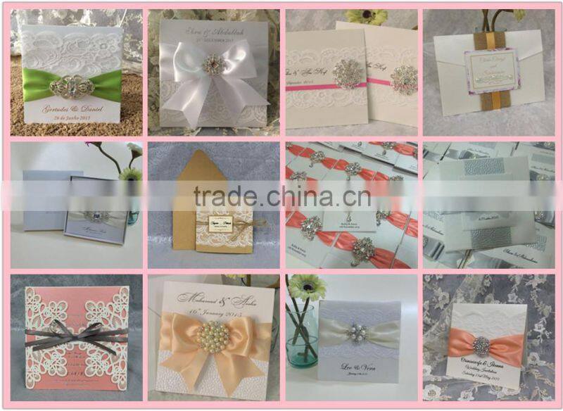 blud folder lace wedding invitation cards with Coral red ribbon