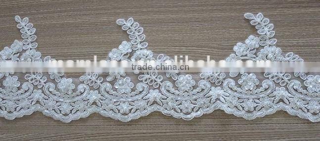 Embroidery ribbon and beaded corded bridal mesh lace
