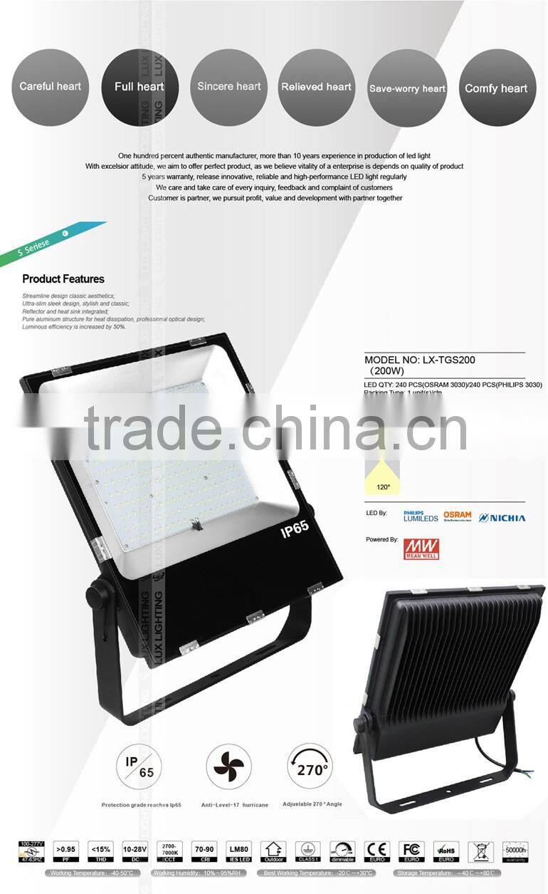 High efficacy ip66 meanwell driver smd 23000 lumen 200w led flood light