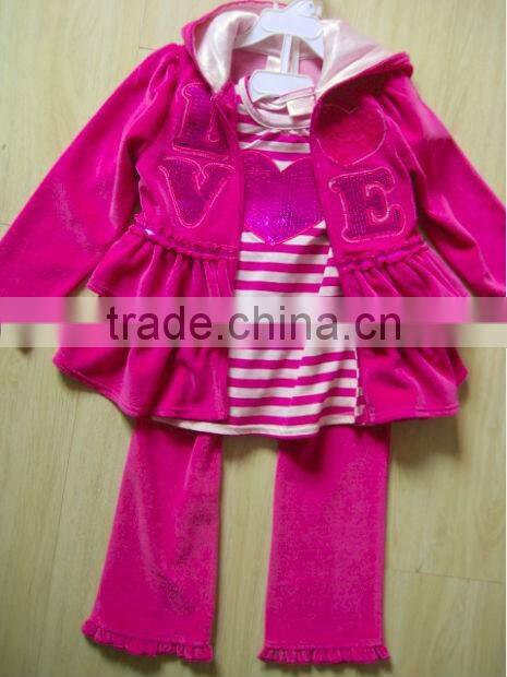 2015 wholesale children clothing set girls boutique 3pcs outfits with coat with hood