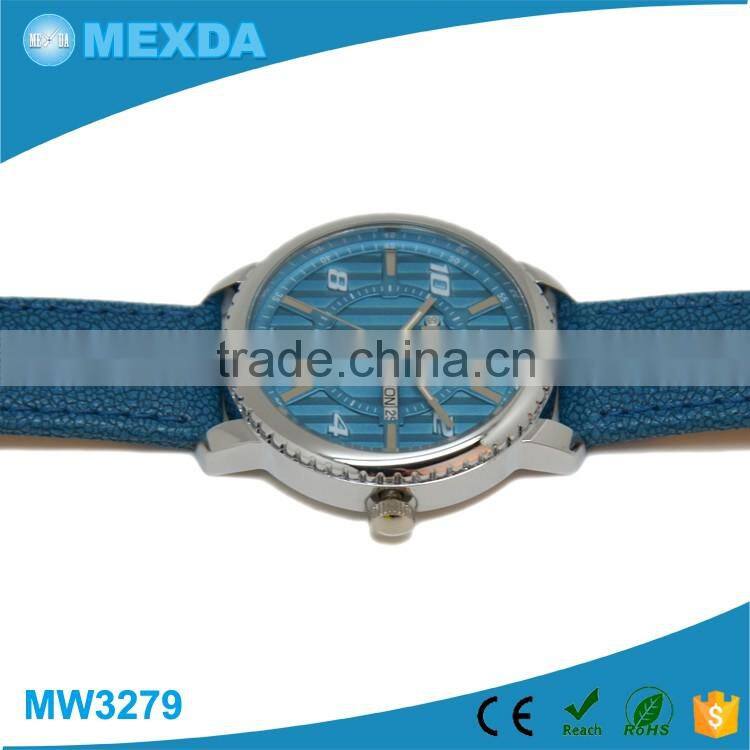 high quality leather band blue strap case stainless steel wristwatch