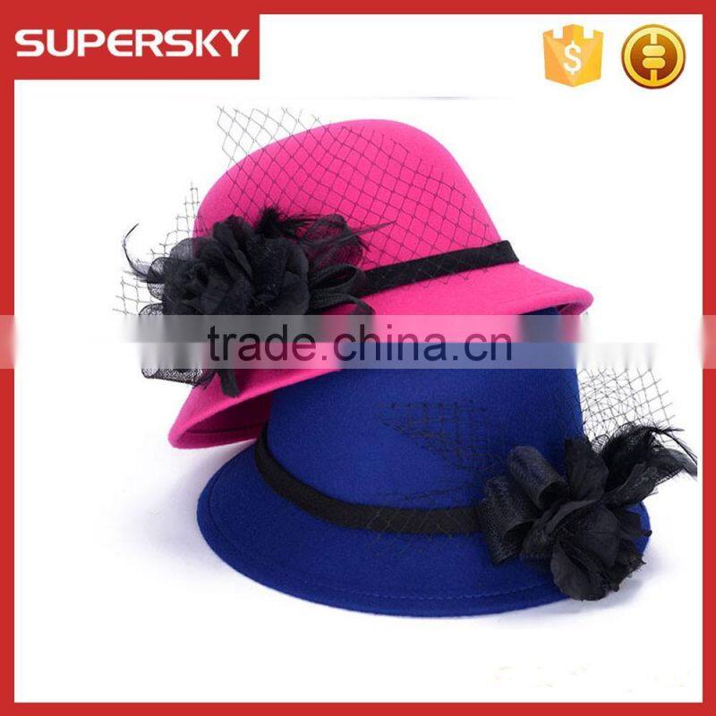 K-108 ladies formal hats with flower charm band wool felt bucket high quality women lace trim homburg