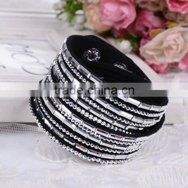 Double Layer Velvet Leather Bracelet with Rhinestone 2016 Velvet Wrap Bracelet
