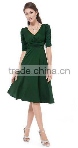 3/4 Sleeve Ruched Waist Classy V-Neck Casual Cocktail Dress manufacture /lady dress