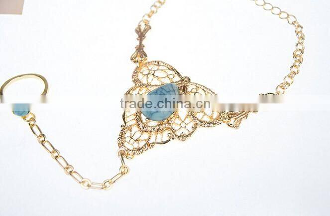 Womens Gold Slave Chain Finger Ring Bangle Hand Harness Bracelet Turquoise Beads