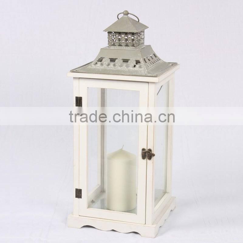 Cheap wooden lantern with metal top white color