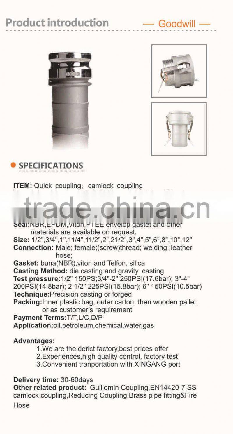 ss304/316 camlock coupling type f adaptor ma