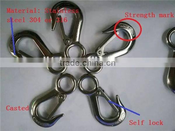 Stainless ss304 cargo lifting hanging self lock Hook sus316/304 with latch