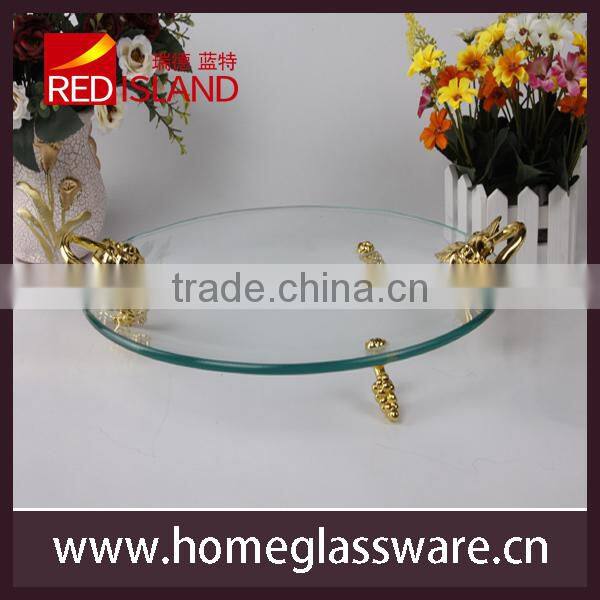 Tempered glass tray with feet and metal handle of rose shape