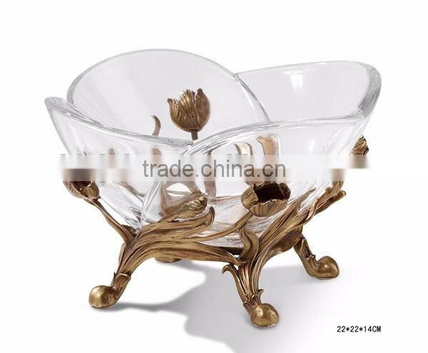 Ornate Crackle Crystal Footed Bronze Mounted Planter, Hand Engraved Crystal Vase With Bronze Casting Dragonfly Base