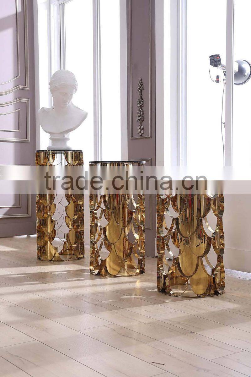 Golden color metal flower stand pergola with marble top