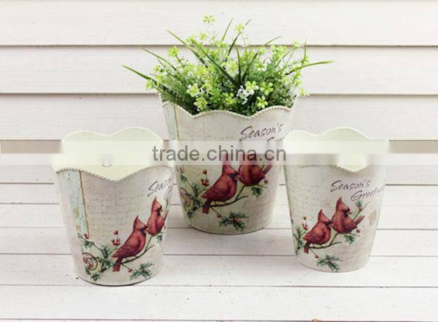 2016 Hot Sale s/3 paper decal metal round bird decor flower pot