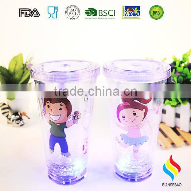 16OZ LED light double Wall BPA free plastic tumbler with straw