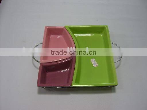Set of 3 colorful custom ceramic plate tray with metal stand