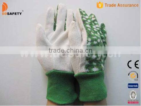 Flower Cotton Back Mini Dots On Palm Three Ribs Back Green Knit Wrist Garden Gloves