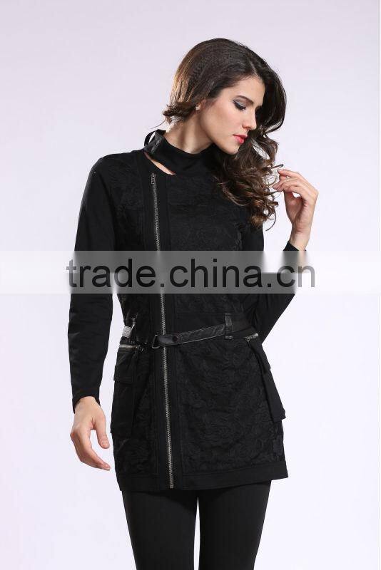 2014 New Arrival Ladies Asymmetrical Zip Long Coat Fashion Design Winter Overcoat