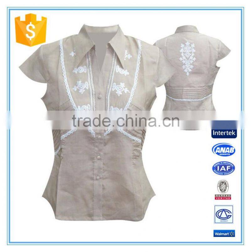 Women European Style Pleats And Embroidery Blouse Formal Shirts