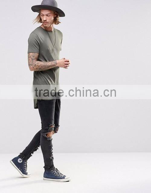 Men soft high quality longline curved hem crew neck plain tight slim fit muscle t-shirt OEM