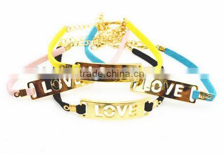 gold love letter charm suede leather bracelet custom logo charm leather bracelet