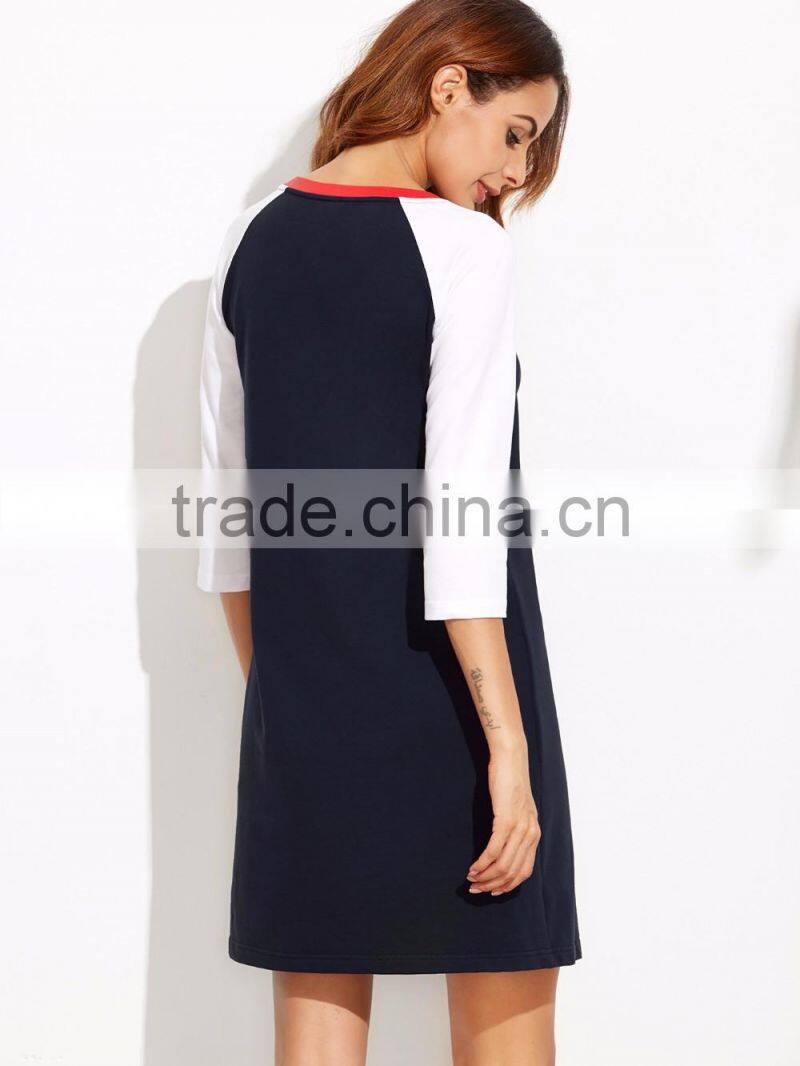 Navy Contrast Raglan Sleeve T shirt Dress 95% Cotton 5% Spandex Casual Plain Short Tee Dress