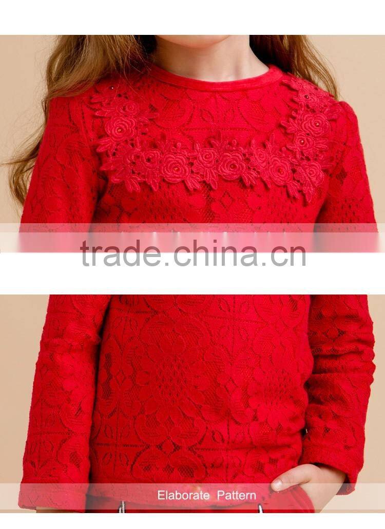 Wholesale Girls Long Sleeve Lace t Shirt With Flower Pattern Fleece Lining Shirt Designs For Girls