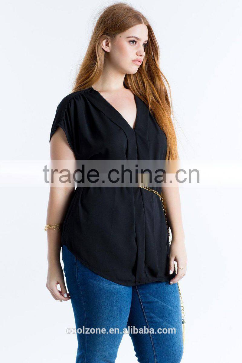 Relaxed V-neck pleated plus size chiffon blouse/woman top