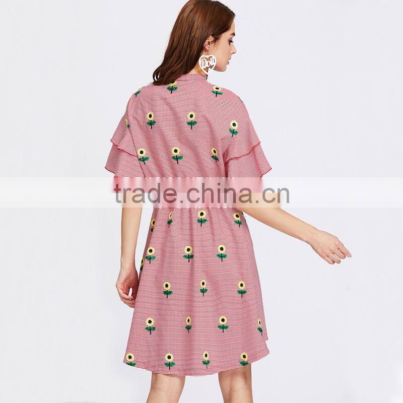 RED flower embroiedered and ruffled shoulder women cute short dress